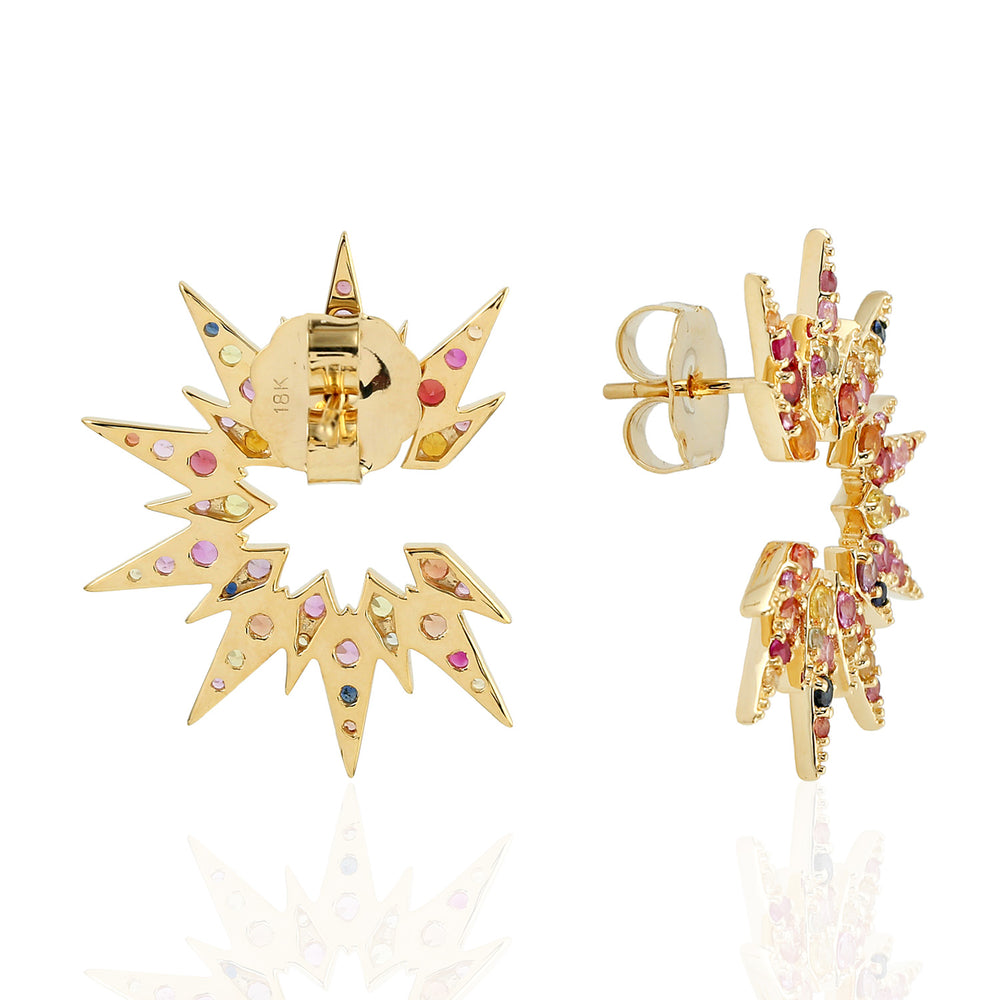 18K Yellow Gold Pave Multi Sapphire Gemstone Star Stud Earrings