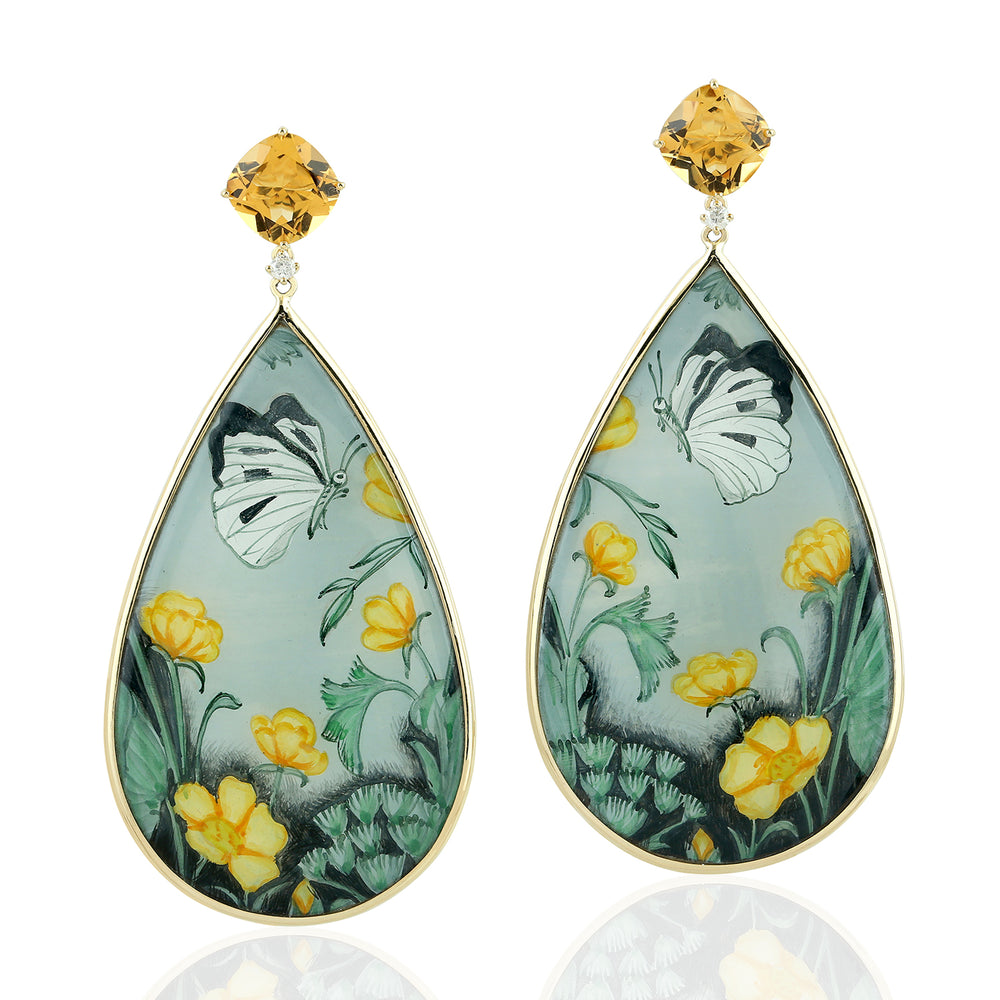 Picture Bakelite Prong Citrine Diamond Butterfly Dangle Earrings In Yellow Gold