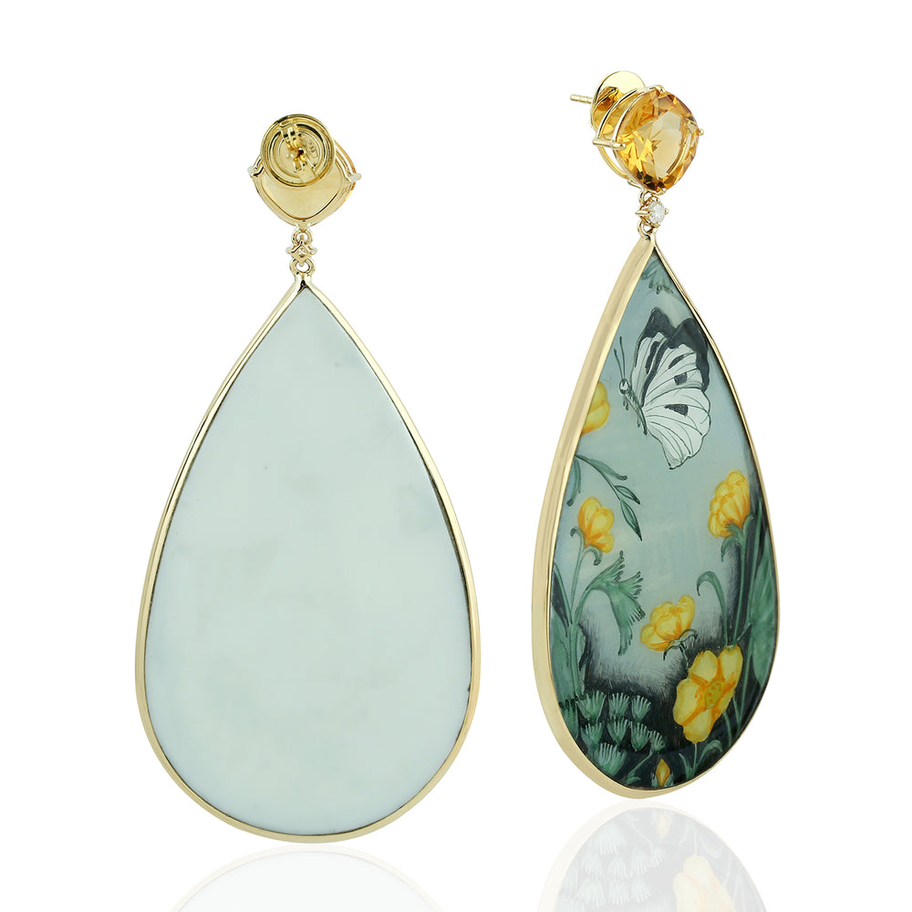 Picture Bakelite Prong Citrine Diamond Butterfly Dangle Earrings In Yellow Gold