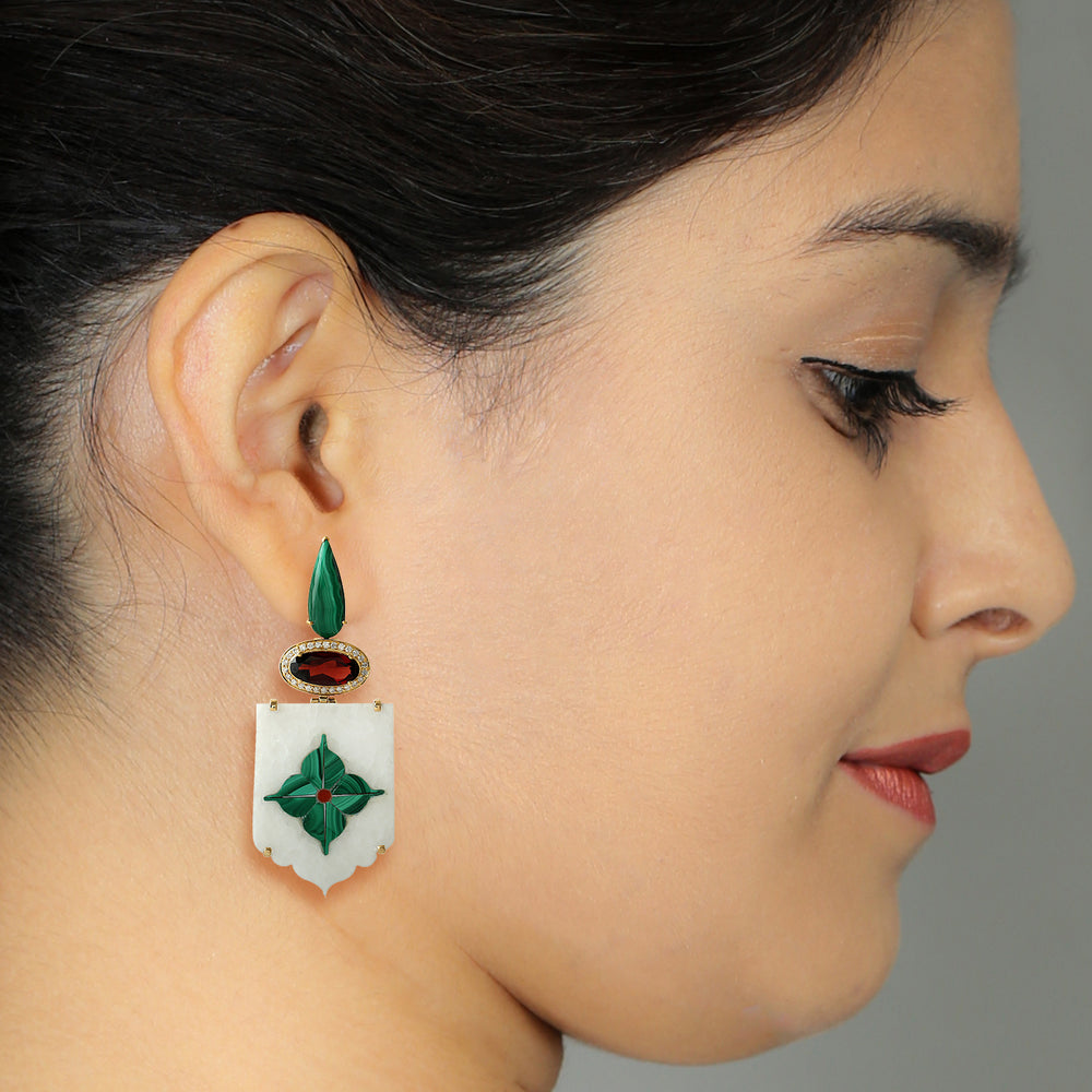 Malachite Oval Garnet Gemstone Marble Pave Diamond Beautiful Danglers In Gold