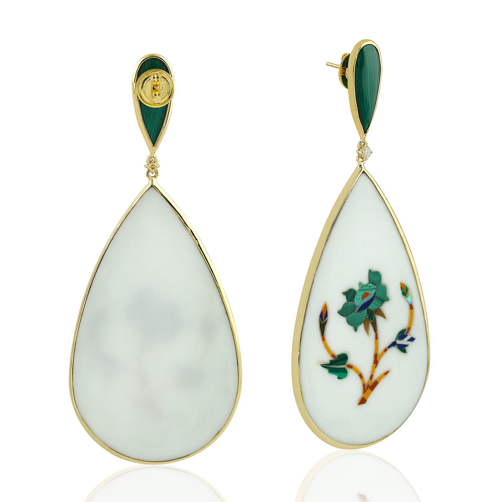 Malachite & Multicolor Floral Pietra Diamond Teardrop Earrings in 18K Yellow Gold