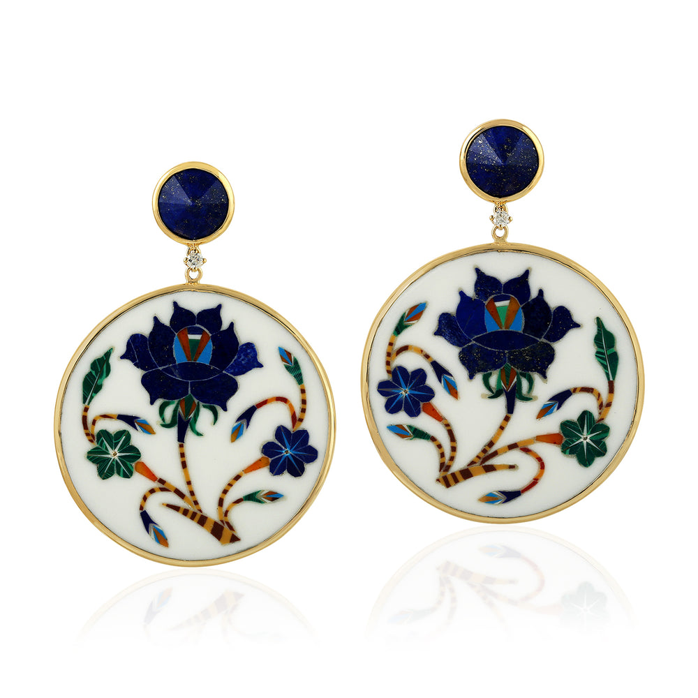 Lapis & Diamond Floral Bakelite Drop Earrings in 18K Yellow Gold