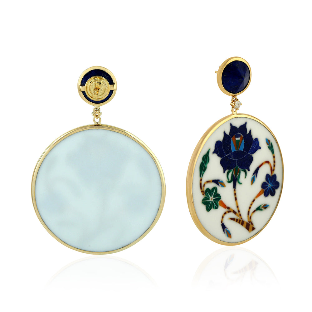 Lapis & Diamond Floral Bakelite Drop Earrings in 18K Yellow Gold