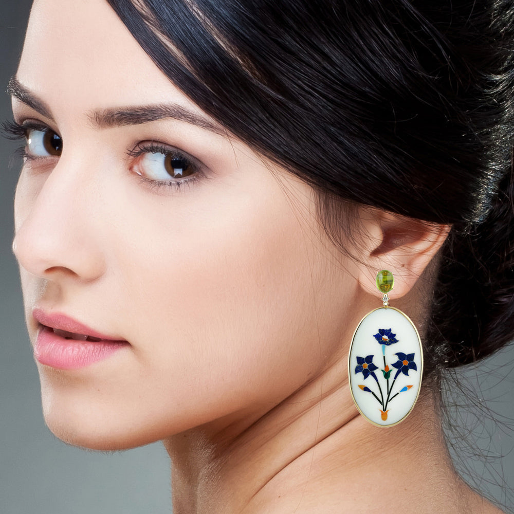 Blue Floral Inlay Drop Earrings with Peridot & Diamond in 18K Yellow Gold