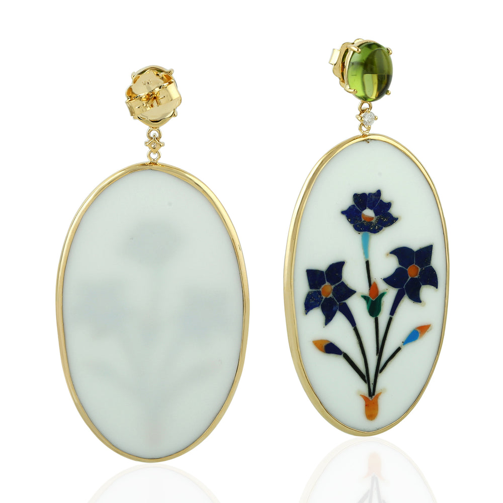 Blue Floral Inlay Drop Earrings with Peridot & Diamond in 18K Yellow Gold