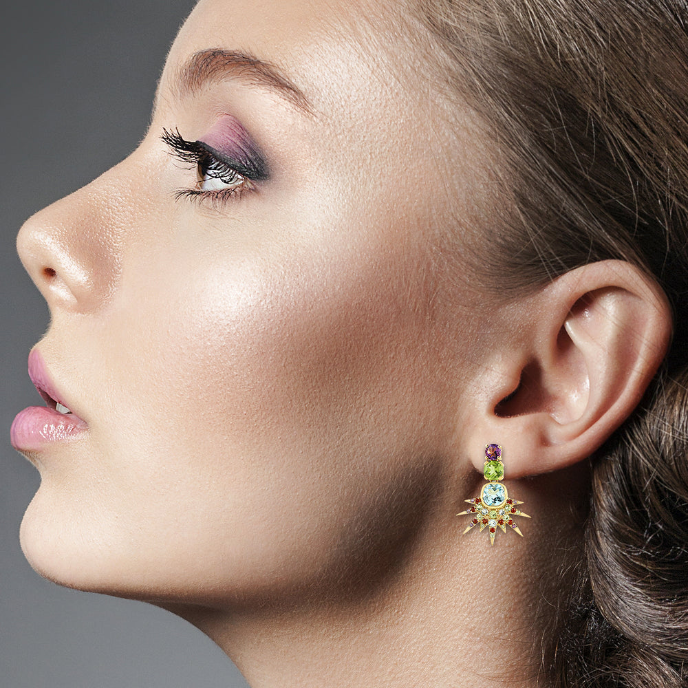 Blue Topaz Cushion Cut Peridot Prong Amethyst Garnet Gemstone Dangler In Gold