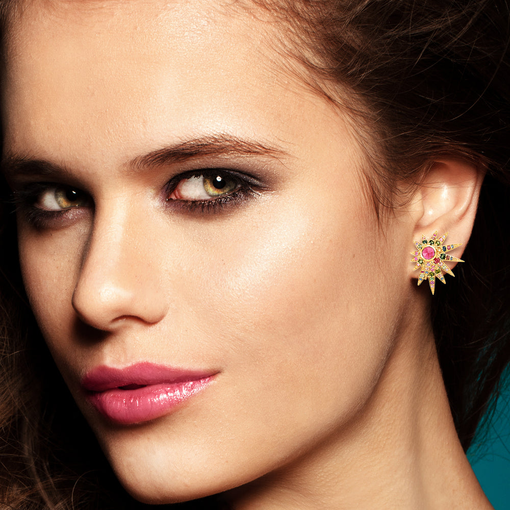 Pink Tourmaline Pave Multi Sapphire Starburst Stud Earrings In 18K Yellow Gold