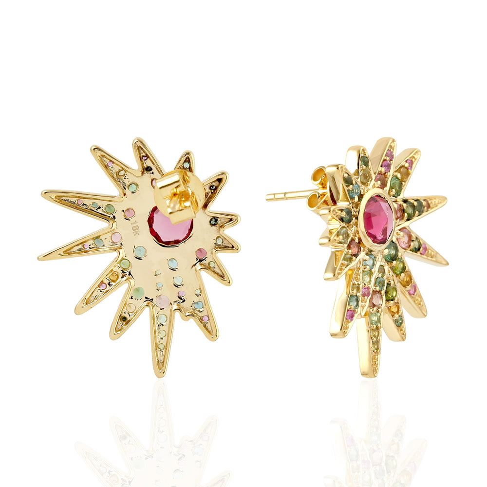 Pink Tourmaline Pave Multi Sapphire Starburst Stud Earrings In 18K Yellow Gold