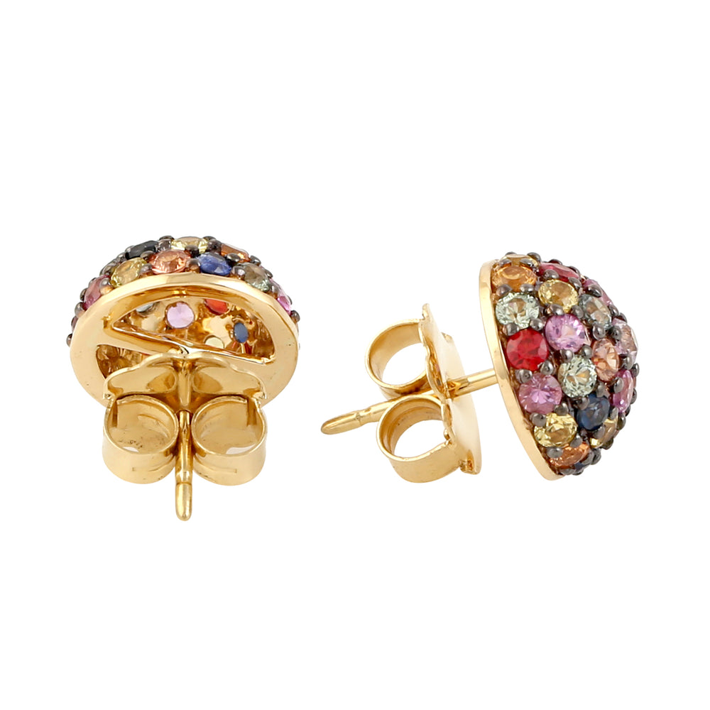 Multicolor Sapphire Dome Stud Earrings in 18K Yellow Gold – Handmade Gemstone Jewelry for Her