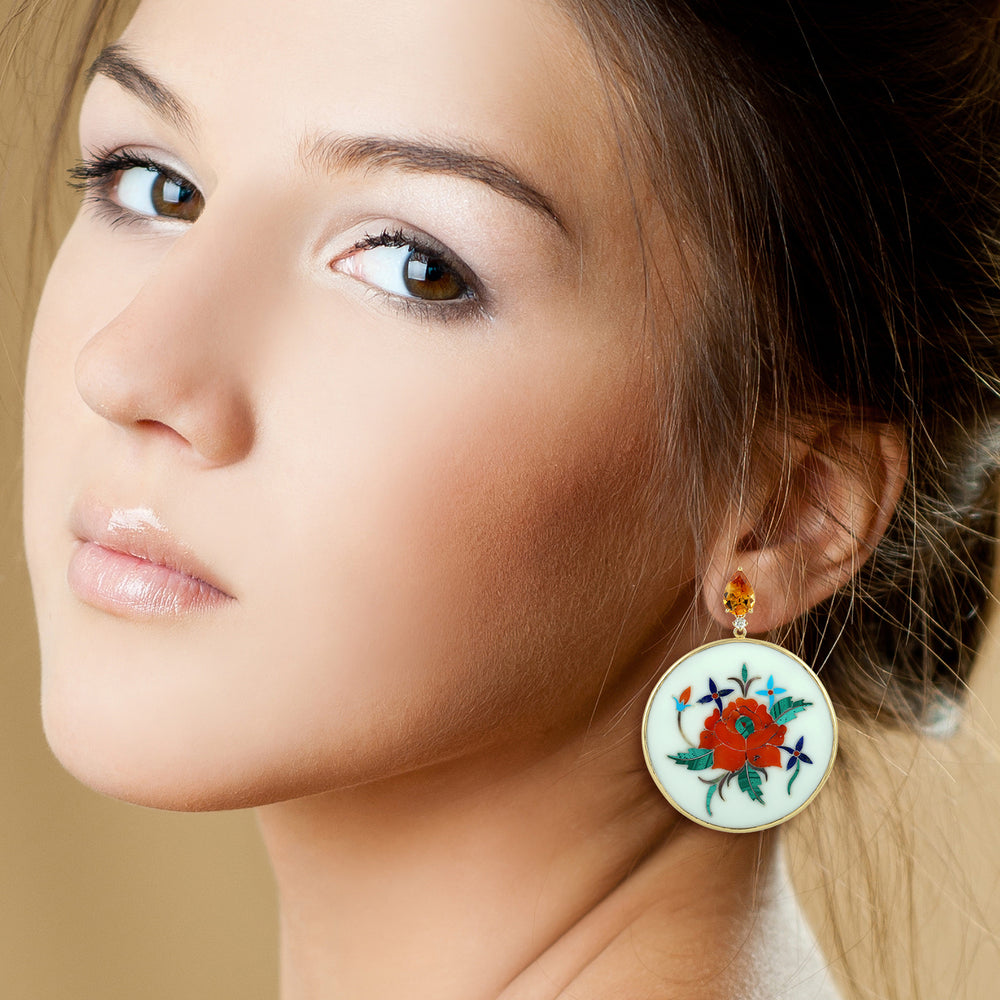 Citrine & Diamond Floral Inlay Bakelite Round Drop Earrings in 18K Yellow Gold