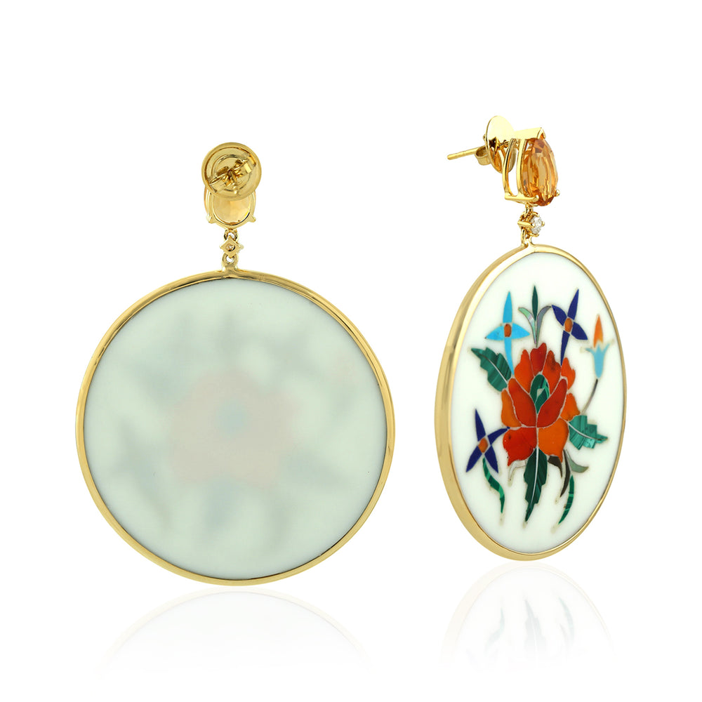 Citrine & Diamond Floral Inlay Bakelite Round Drop Earrings in 18K Yellow Gold