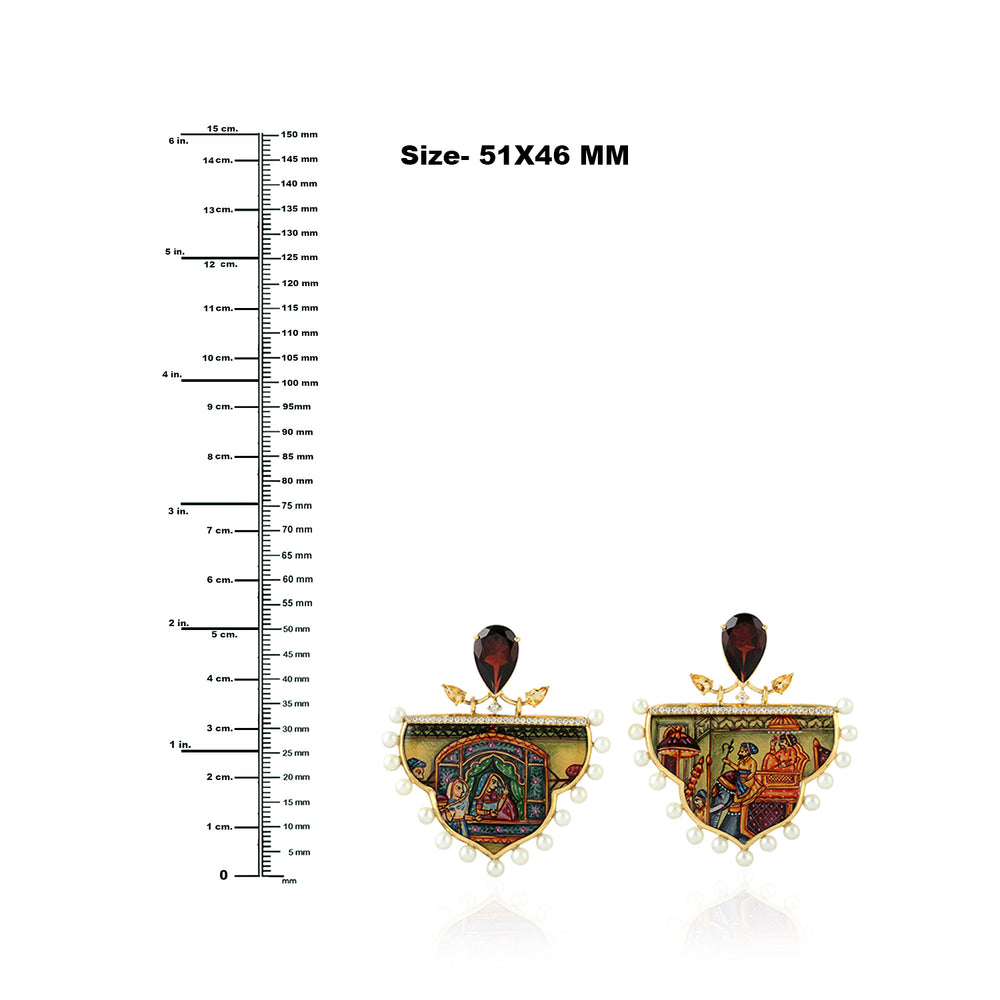 Pearl Beaded Multi Gemstone Painting Enamel Dangler In 18k Yellow Gold