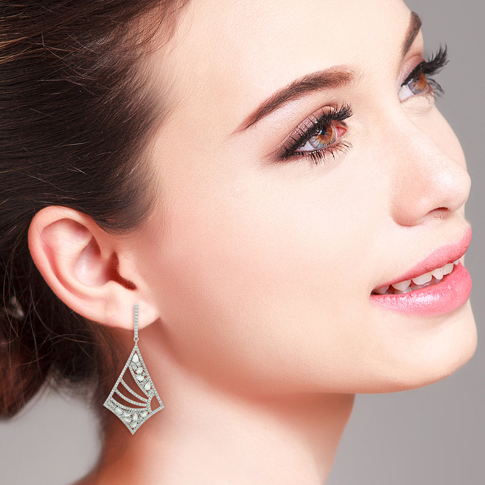 18K White Gold Prong Rose Cut Diamond Geometric Dangle Earrings