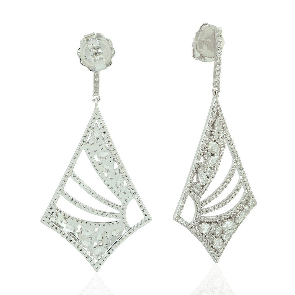 18K White Gold Prong Rose Cut Diamond Geometric Dangle Earrings