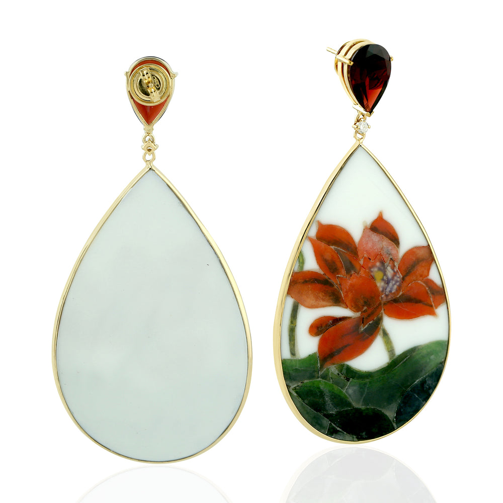 Pear Cut Garnet Prong Diamond Picture Bakelite Dangle Earrings In Gold