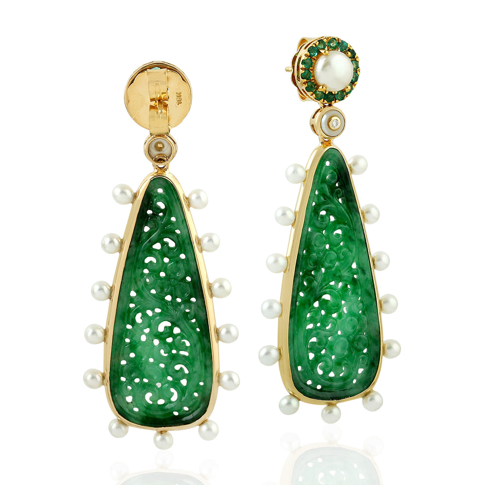 Jade Carved Drop Earrings with Pearl & Emerald Halo Diamond in 18K Yellow Gold