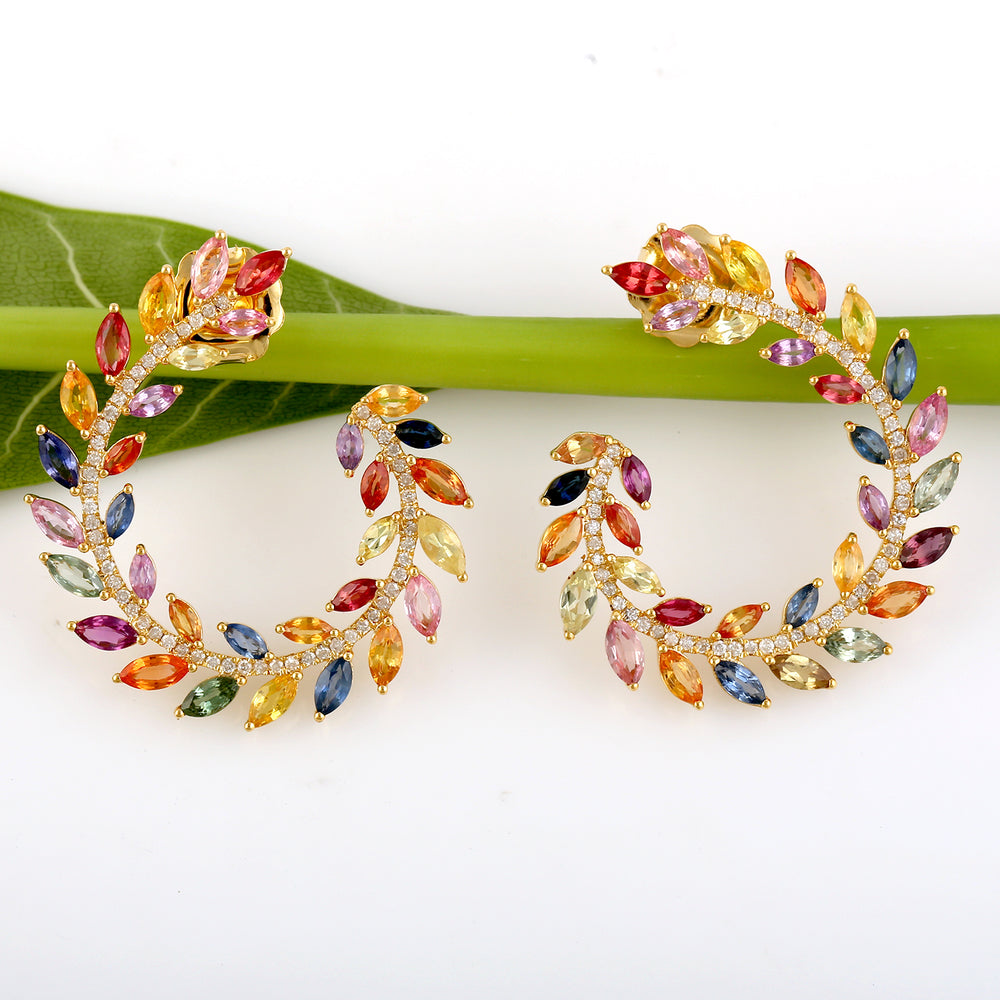 Marquise Multicolor Sapphire Pave Diamond Open Hoop Earrings In Gold