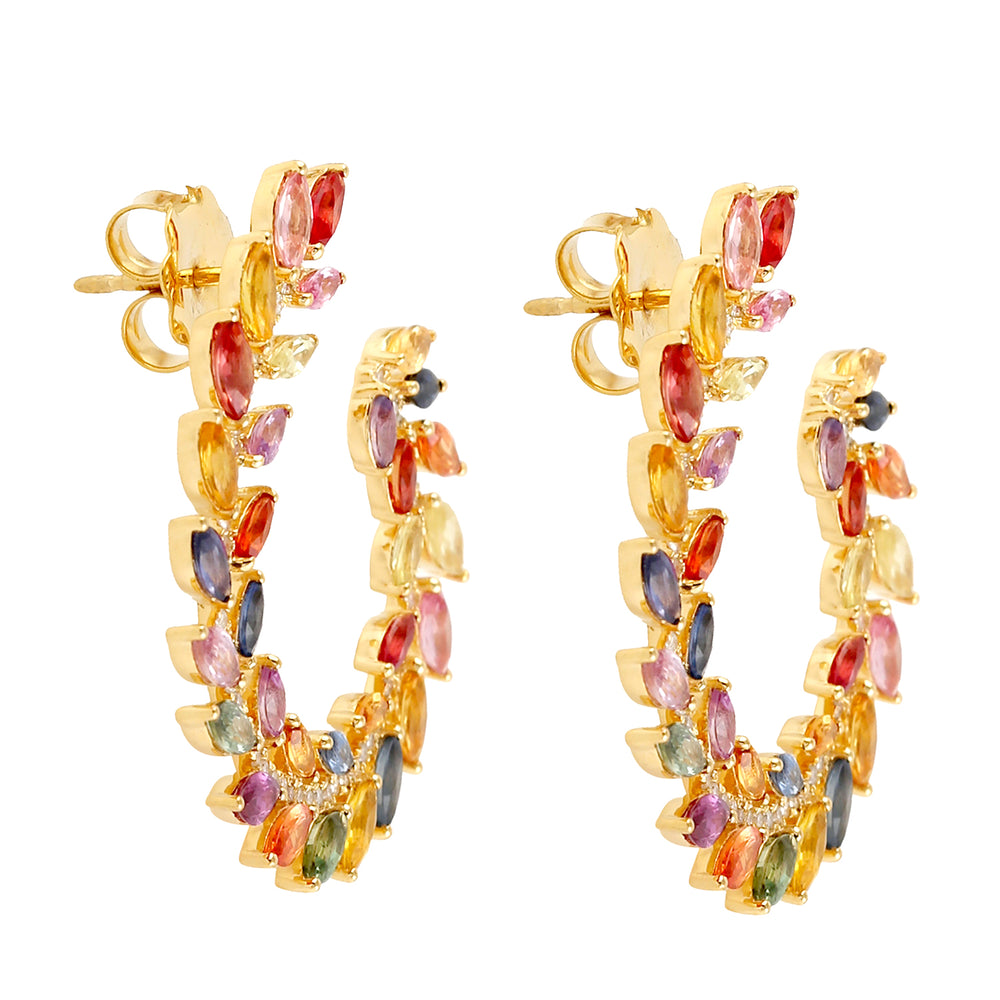 Marquise Multicolor Sapphire Pave Diamond Open Hoop Earrings In Gold