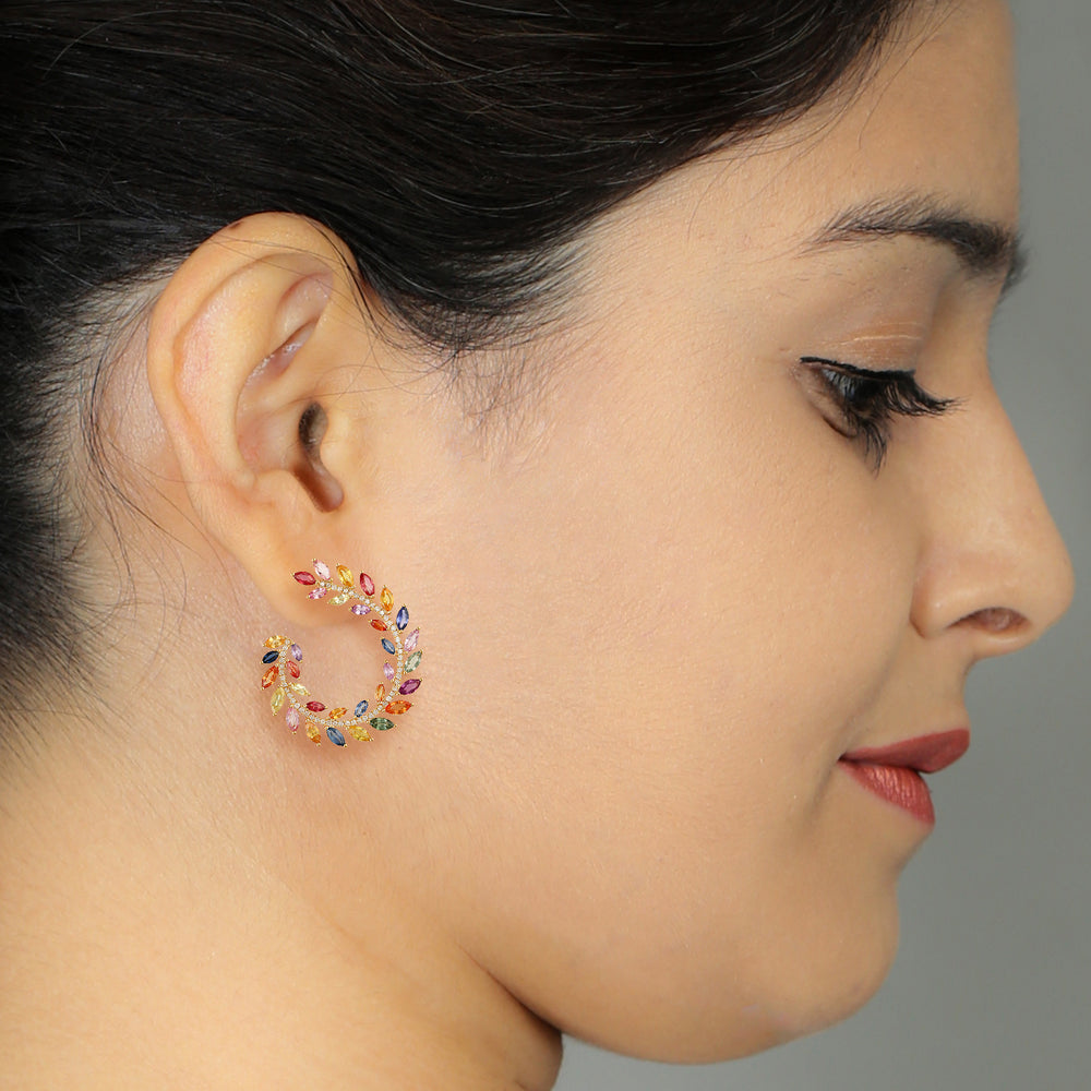 Marquise Multicolor Sapphire Pave Diamond Open Hoop Earrings In Gold