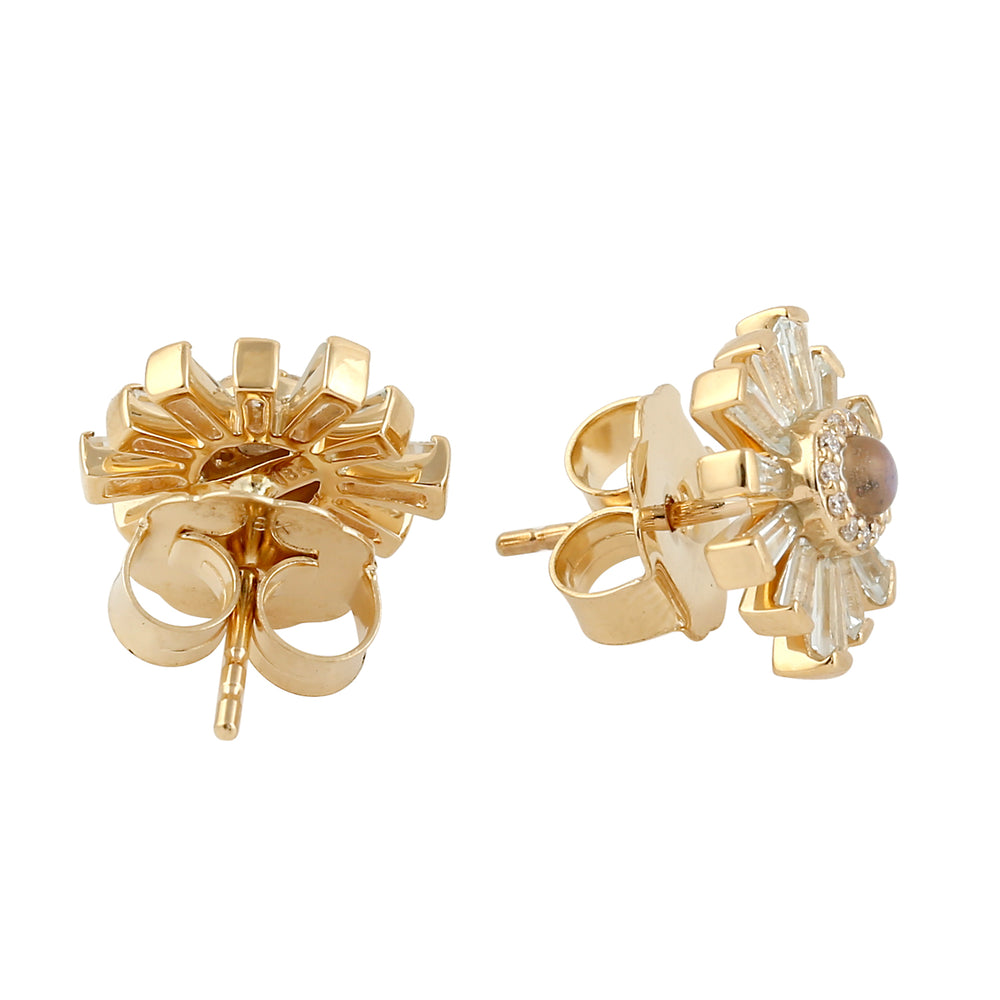 Moonstone Tapered White Topaz Pave Diamond Sun Burst In Gold Stud Earrings