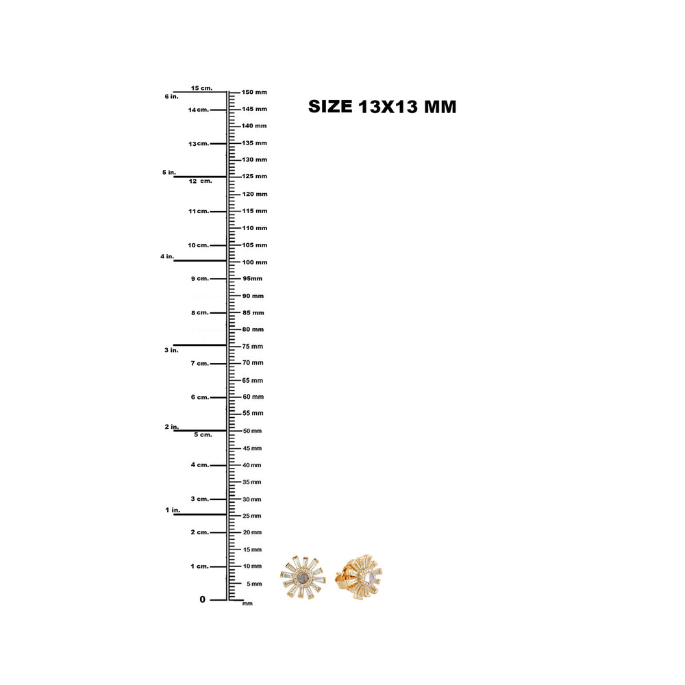 Moonstone Tapered White Topaz Pave Diamond Sun Burst In Gold Stud Earrings