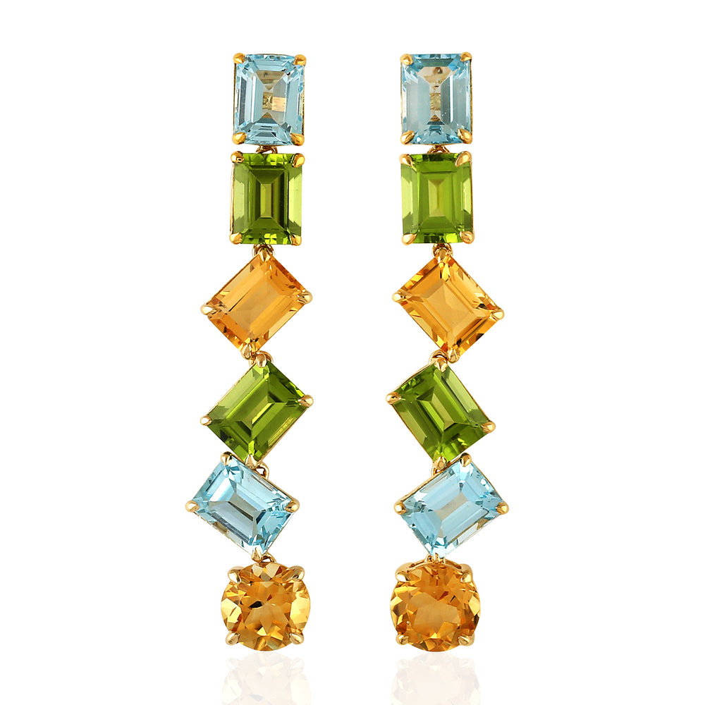 Baguette Cut Blue Topaz Peridot Citrine Gemstone Dangler In Yellow Gold