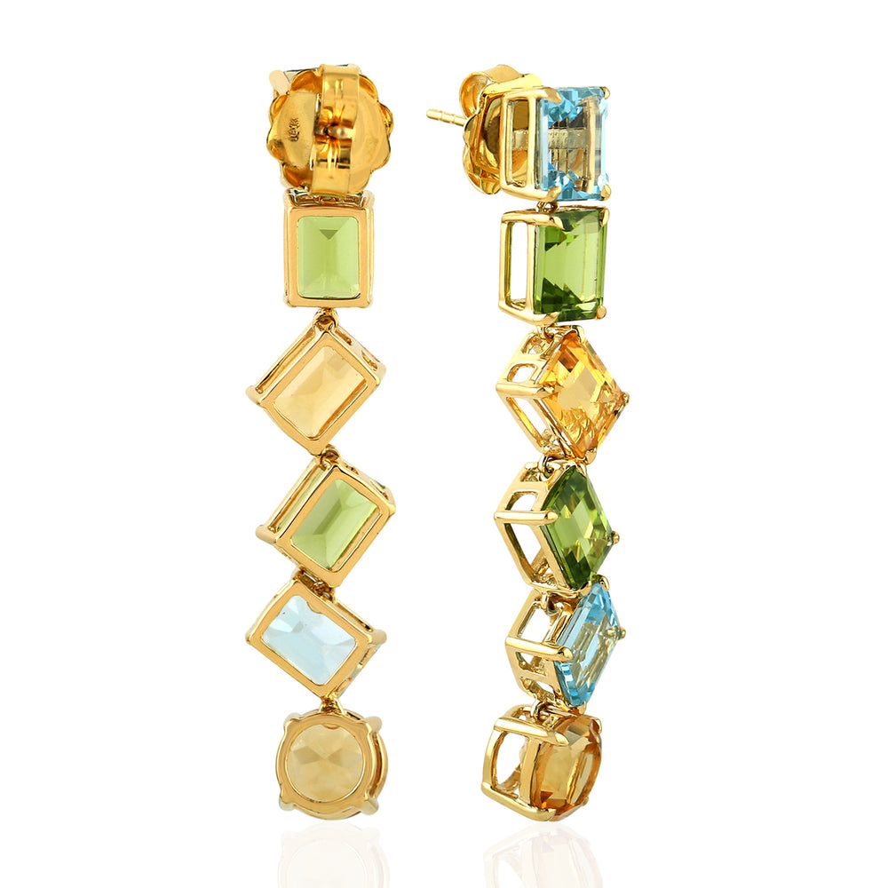 Baguette Cut Blue Topaz Peridot Citrine Gemstone Dangler In Yellow Gold