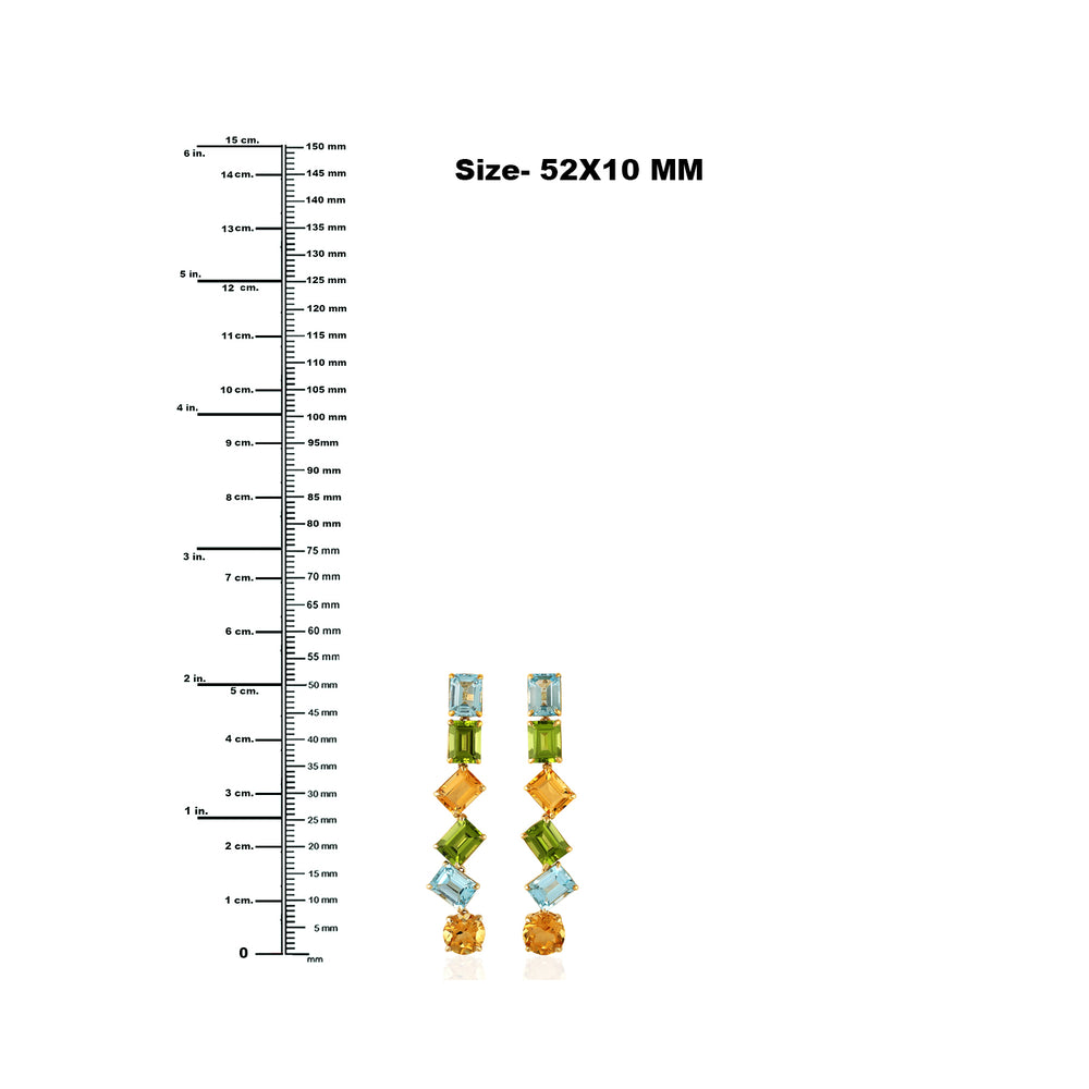 Baguette Cut Blue Topaz Peridot Citrine Gemstone Dangler In Yellow Gold