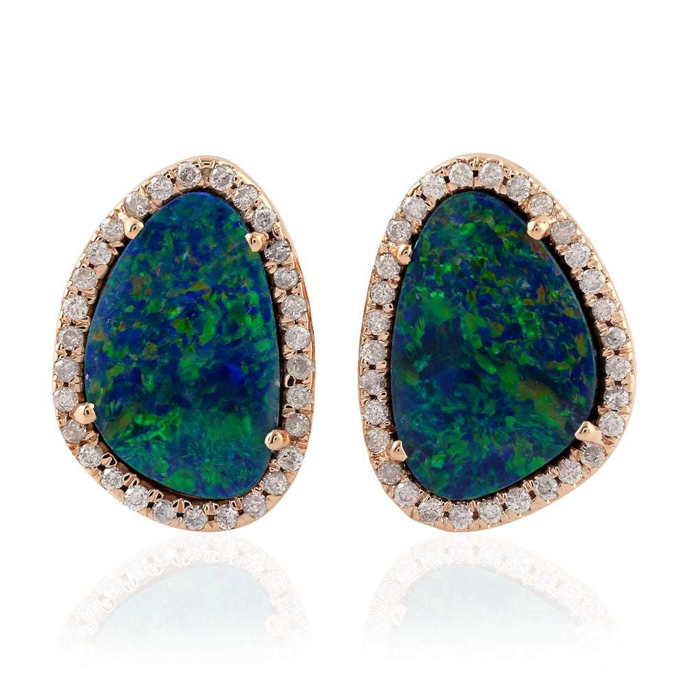 Oval Opal Doublet Micro Pave Diamond 18K Rose Gold Stud Earrings Jewelry