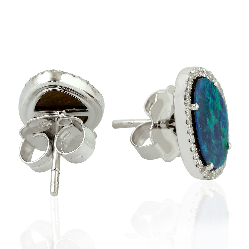 Made In 18K White Gold Cabouchon Opal Doublet Micro Pave Diamond Stud Earrings Jewelry