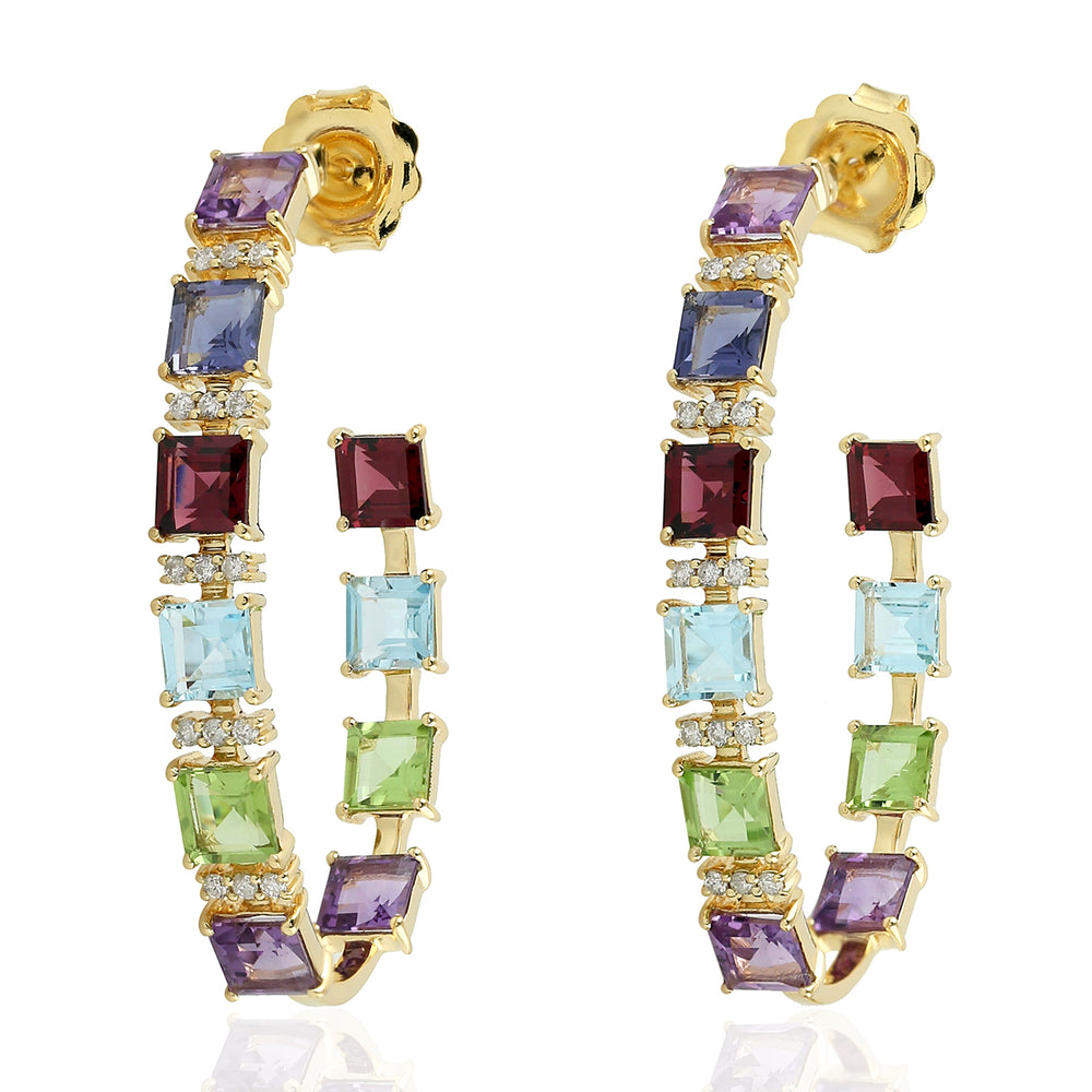 Square Cut Amethyst Peridot Multi Gemstone Pave Diamond Beautiful Long Hoop In Gold