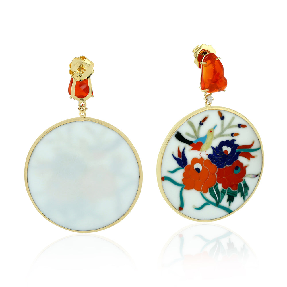 Fire Opal & Multicolor Floral Bird Prong Diamond Drop Earrings in 18K Yellow Gold