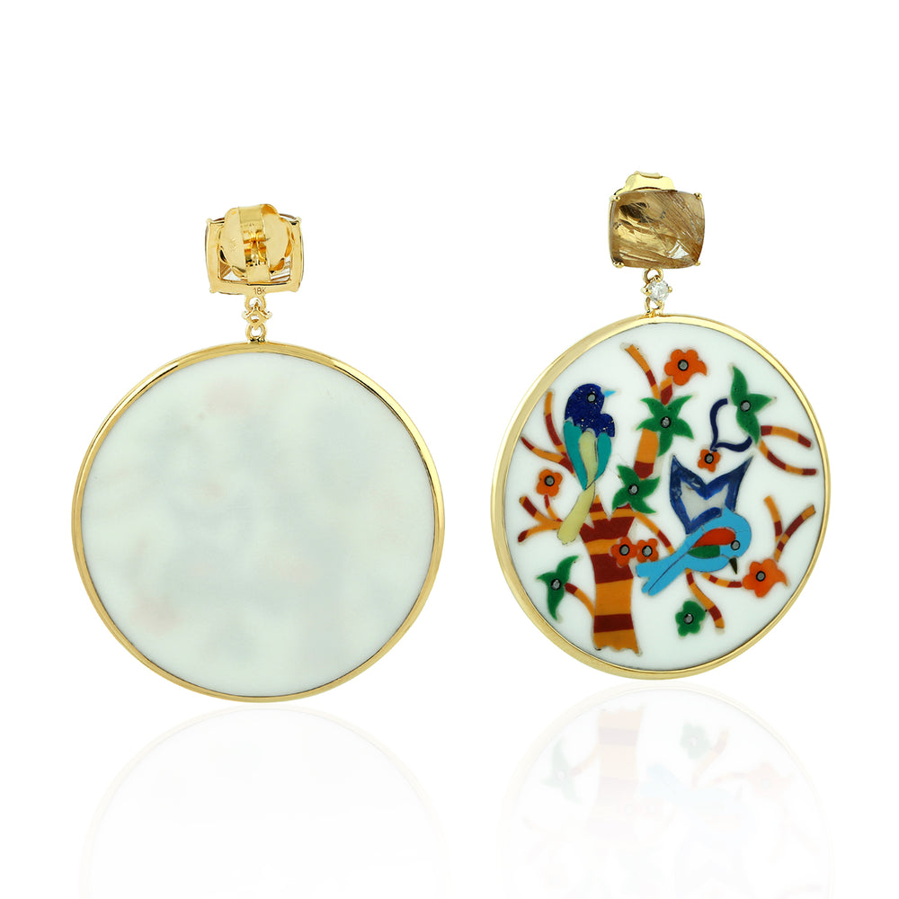 Bird & Floral Bakelite Drop Earrings with Rutile Quartz Diamond in 18K Yellow Gold