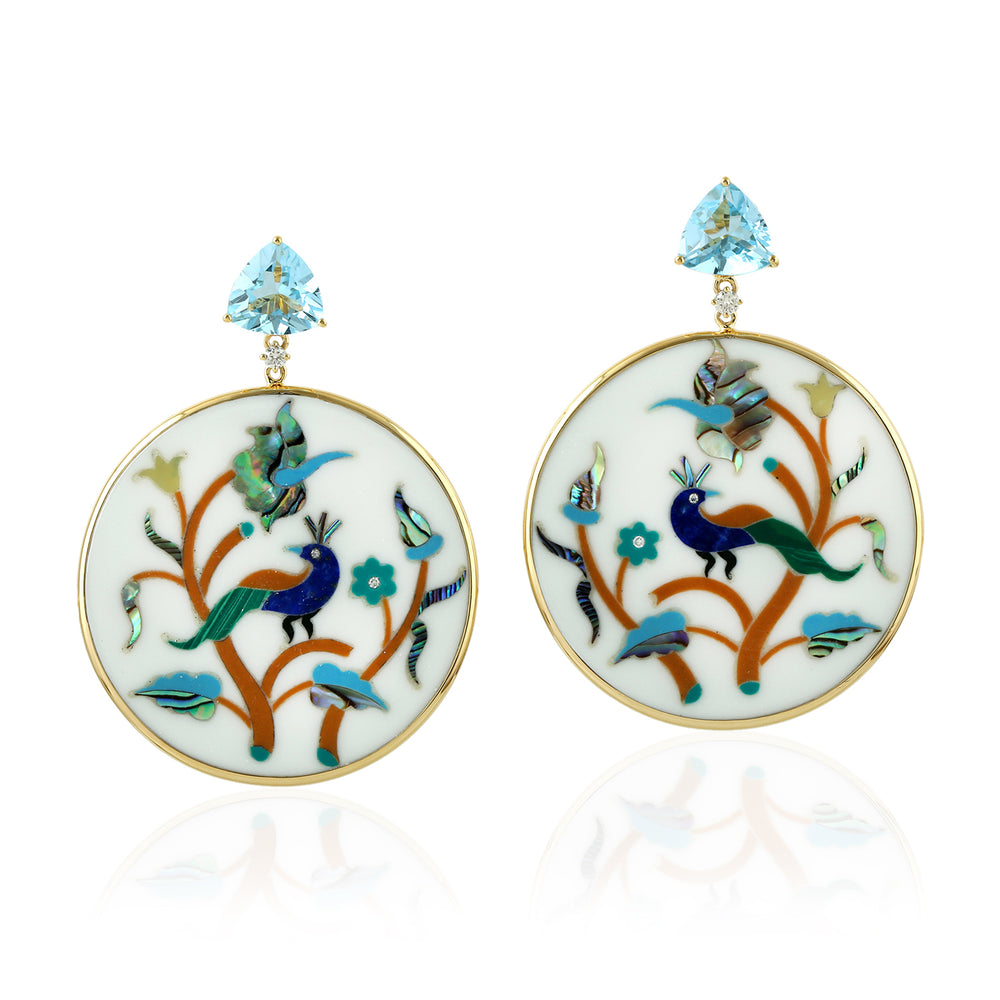 Picture Bakelite Prong Blue Topaz Diamond Peacock Design Dangler In Gold