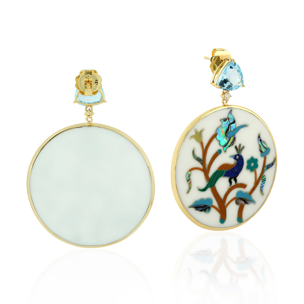 Picture Bakelite Prong Blue Topaz Diamond Peacock Design Dangler In Gold