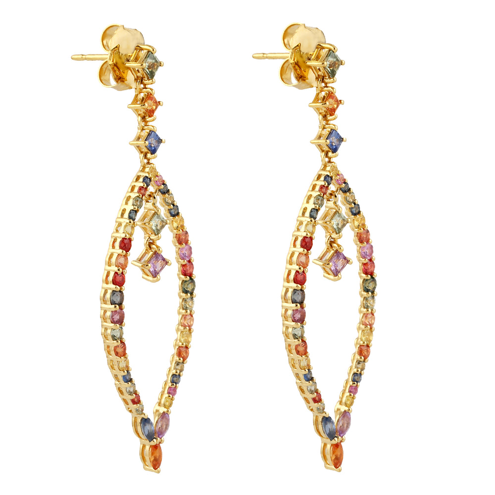 Multicolor Sapphire Dangle Earrings September Birthstone In 18k Yellow Gold