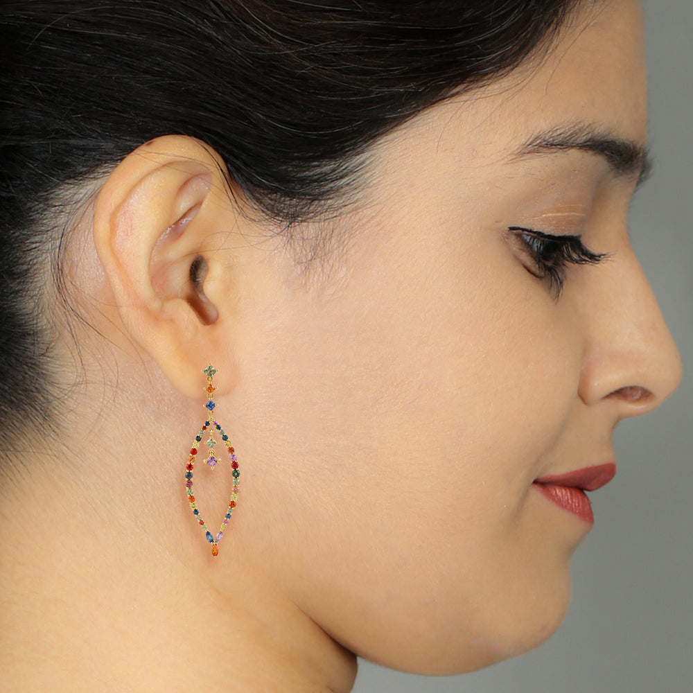 Multicolor Sapphire Dangle Earrings September Birthstone In 18k Yellow Gold