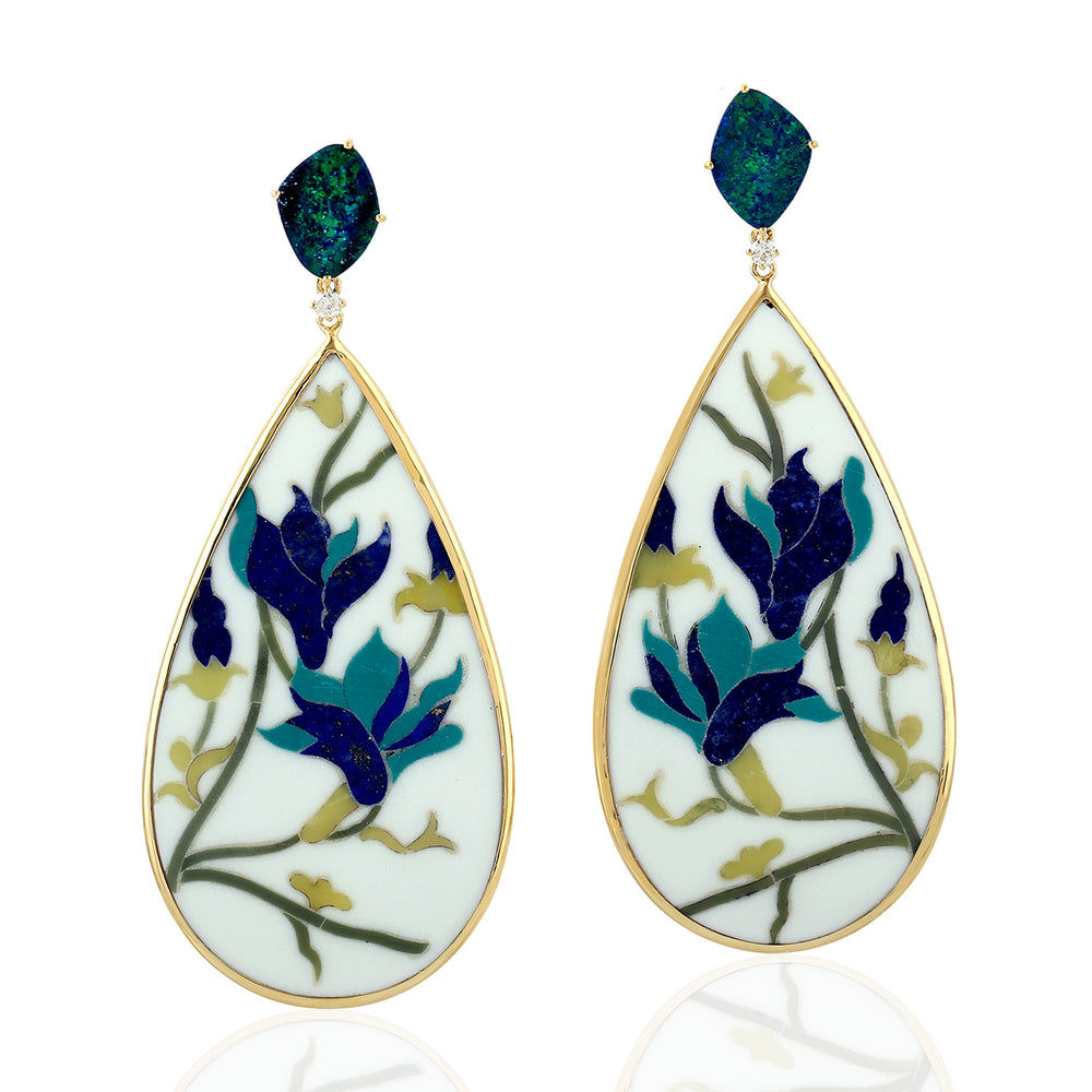 Opal Doublet Prong Diamond Floral Bakelite Teardrop Earrings in 18K Yellow Gold