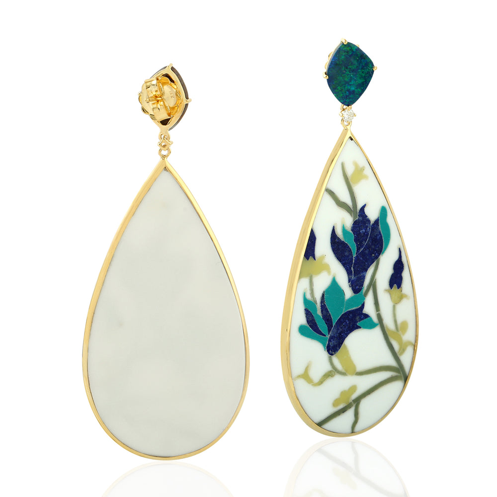 Opal Doublet Prong Diamond Floral Bakelite Teardrop Earrings in 18K Yellow Gold