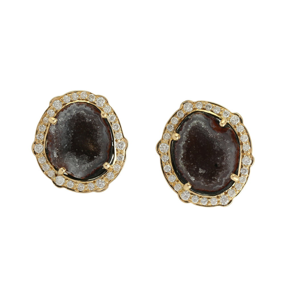 18K Yellow Gold Pave Diamond Uneven Geode Gemstone Stud Earrings Jewelry