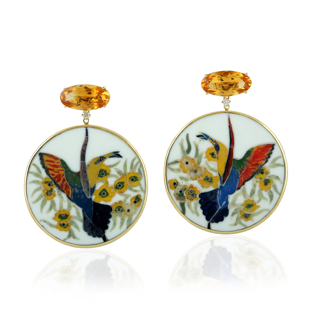 Oval Cut Citrine Picture Bakelite Prong Diamond Bird Dangler In Yellow Gold