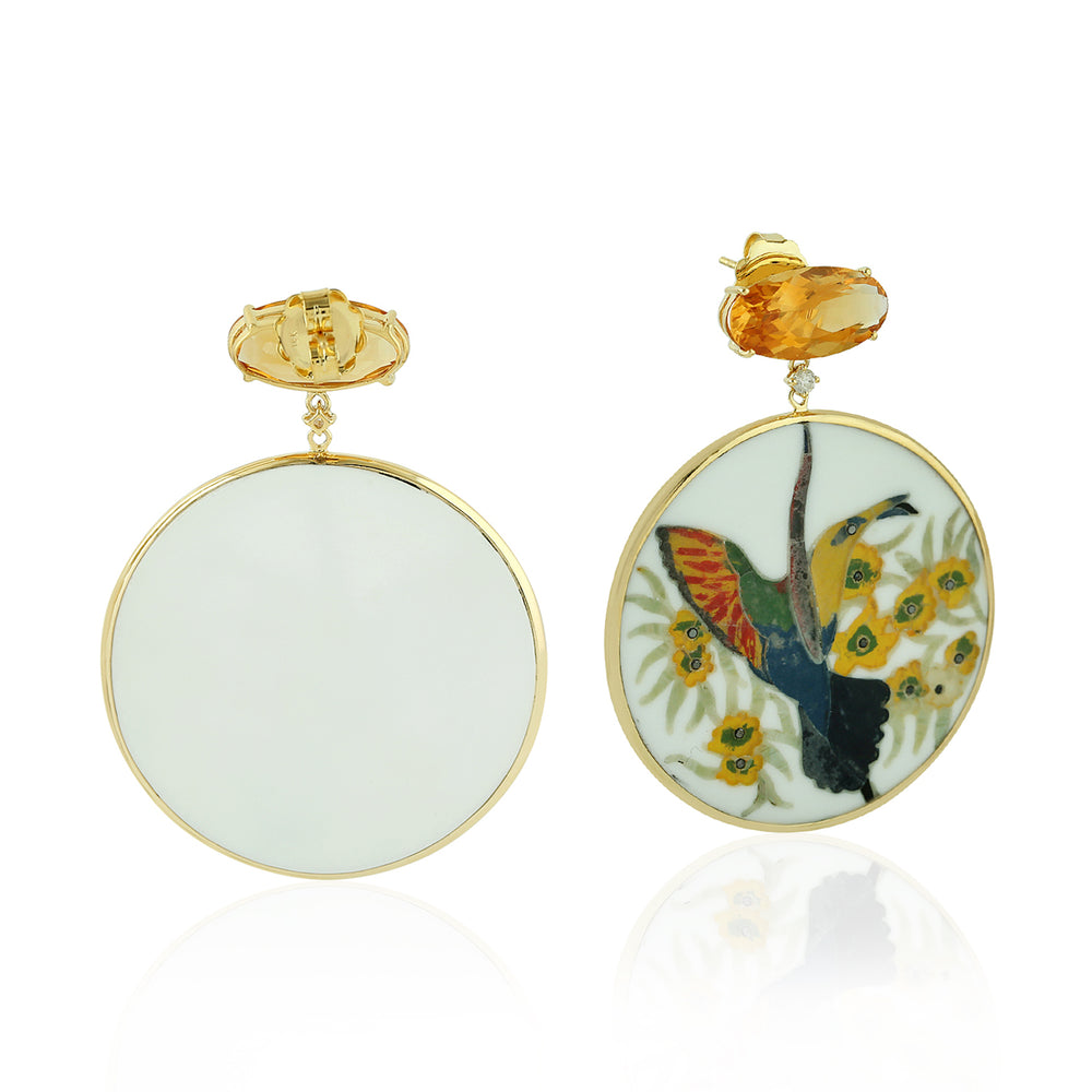 Oval Cut Citrine Picture Bakelite Prong Diamond Bird Dangler In Yellow Gold