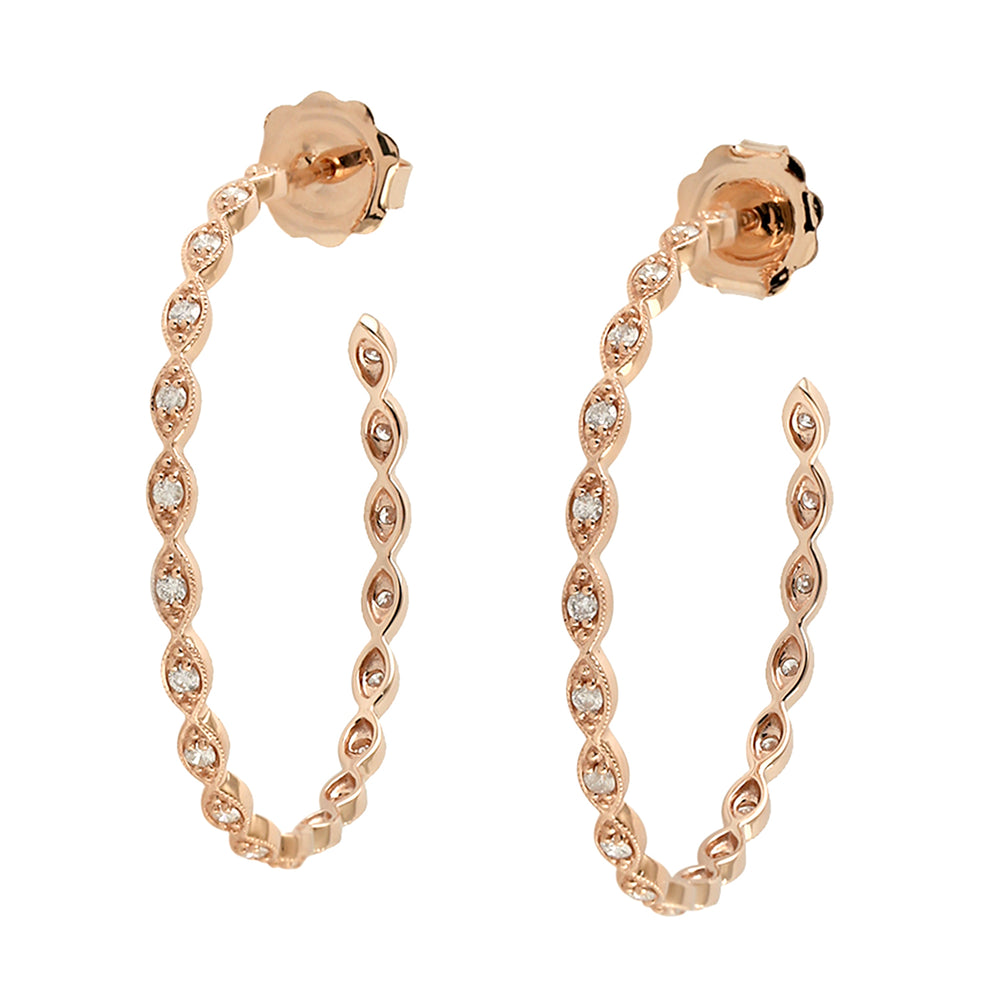 14K Rose Gold Prong Diamond Designer Long Hoop Earrings