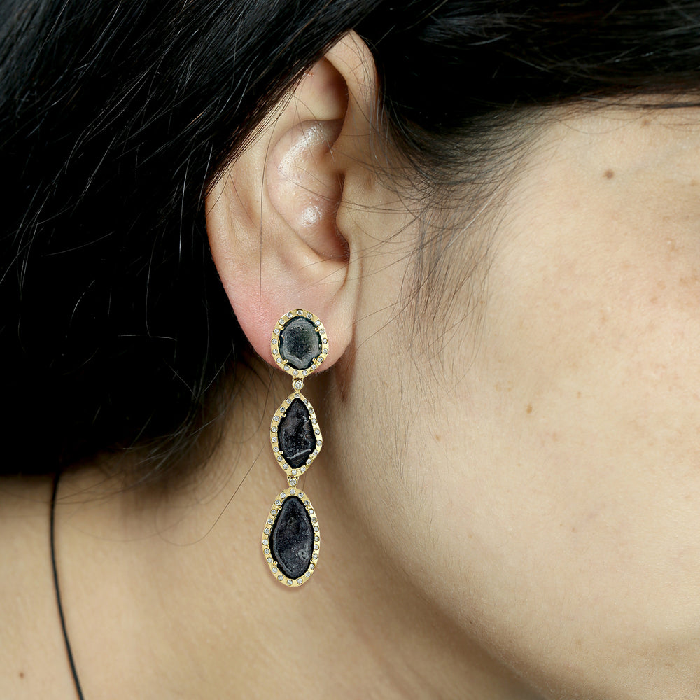 Black Geode Triple-Drop Diamond Halo Dangle Earrings in 18K Yellow Gold