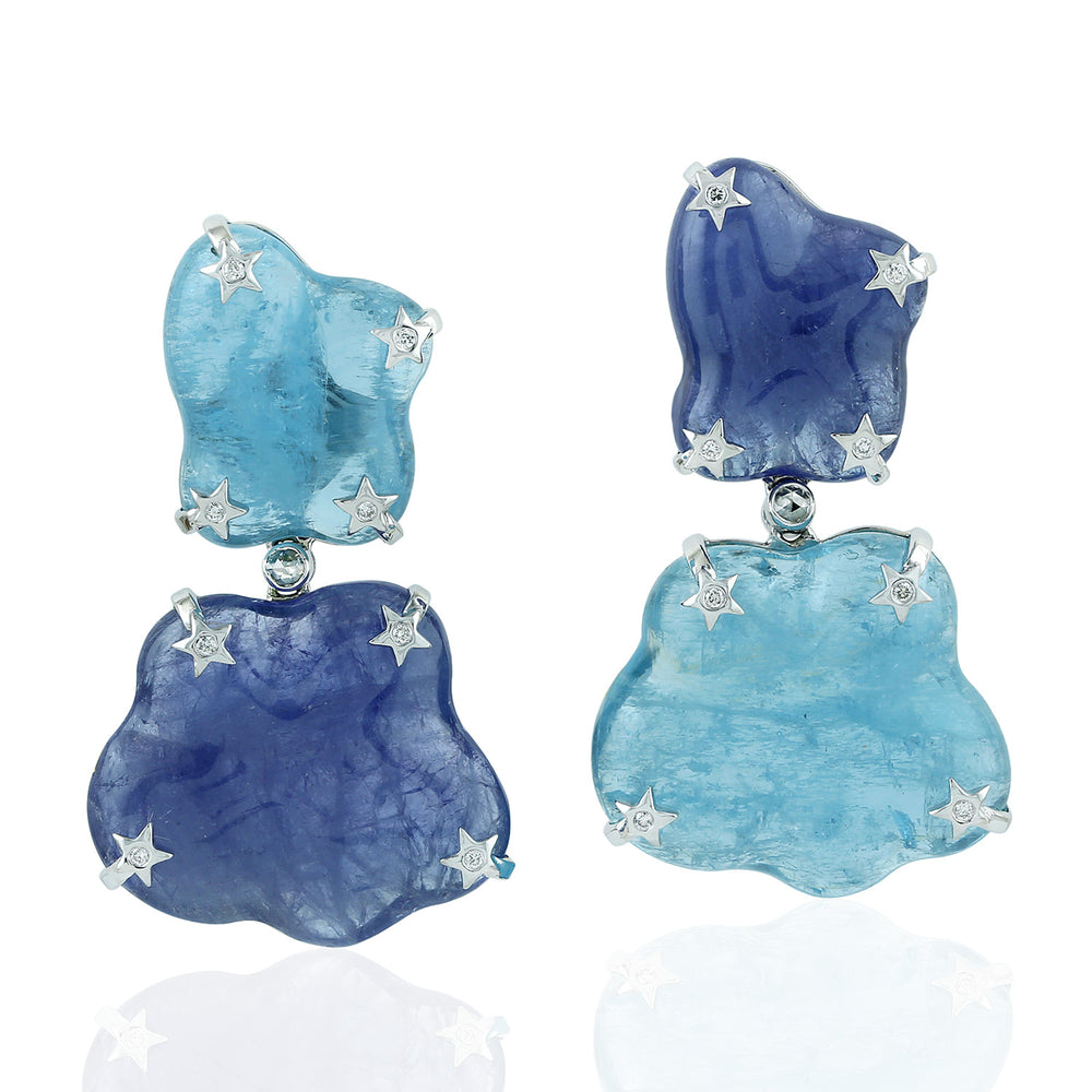 Two-Tone Carved Tanzanite & Aquamarine Star-Set Drop Earrings in 18K White Gold