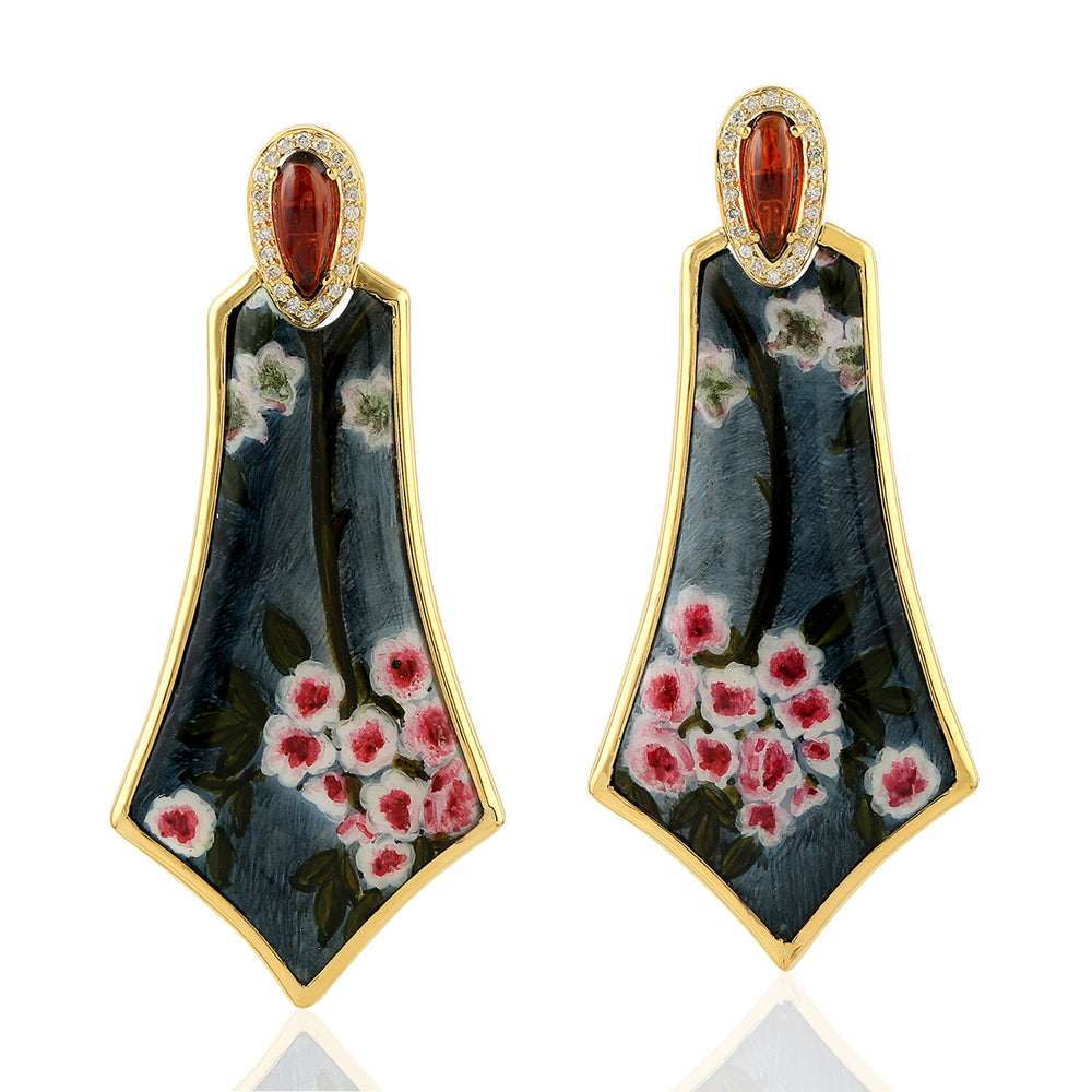 Cherry Blossom Hand-Painted Enamel Drop Earrings with Garnet & MOP Diamond in Gold