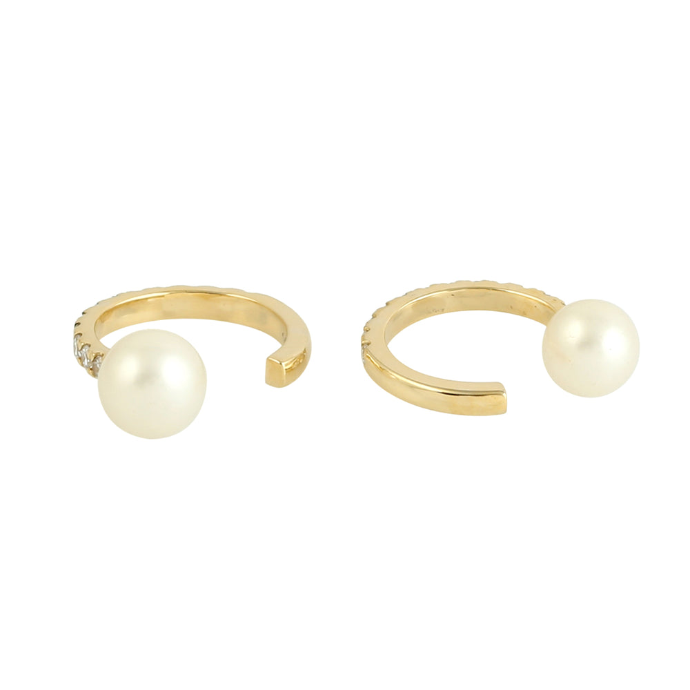 Natural Pearl Pave Diamond Plain Half Drill Ball Huggies Earrings Gifts In 14K Gold