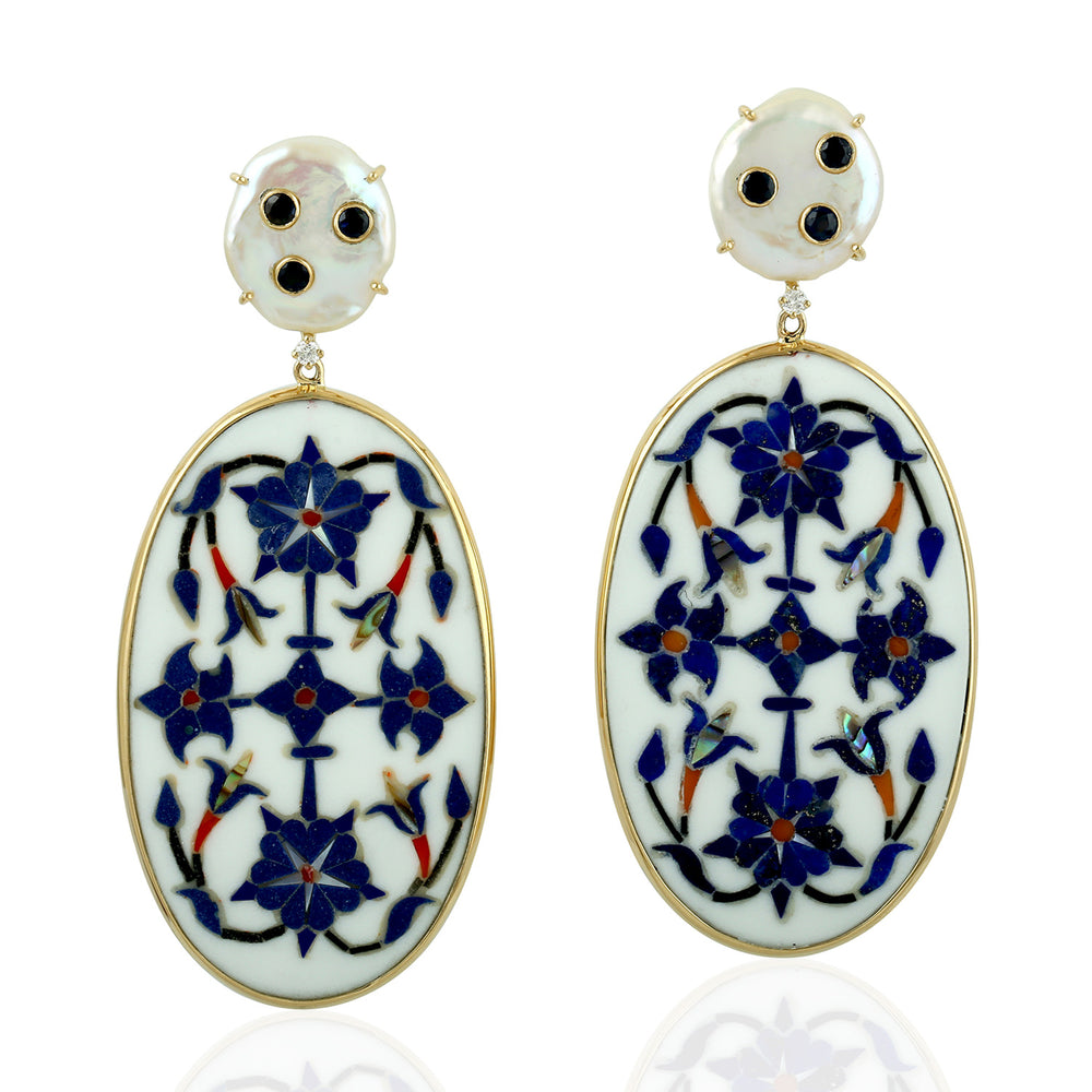 Blue Sapphire Floral Bakelite Enamel & Pearl Drop Earrings in 18K Yellow Gold