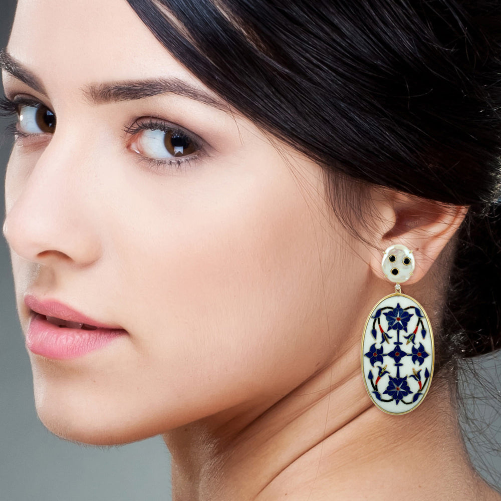 Blue Sapphire Floral Bakelite Enamel & Pearl Drop Earrings in 18K Yellow Gold