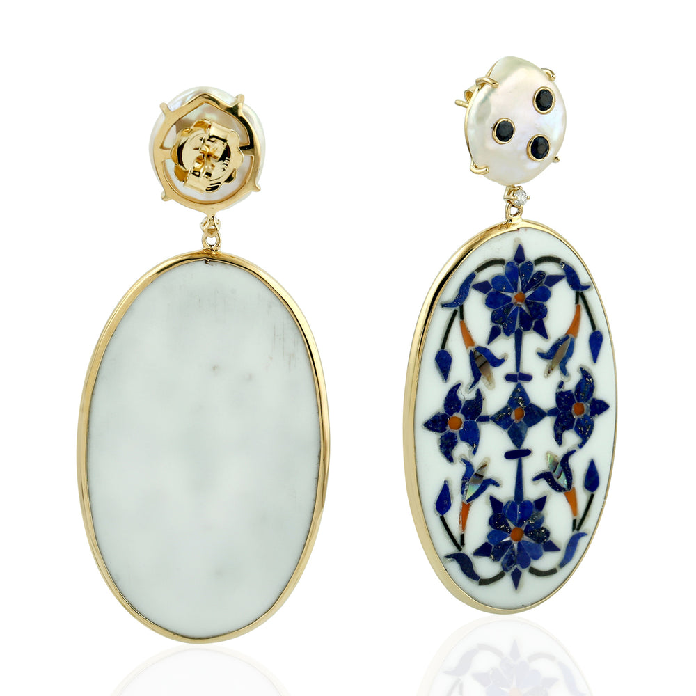 Blue Sapphire Floral Bakelite Enamel & Pearl Drop Earrings in 18K Yellow Gold